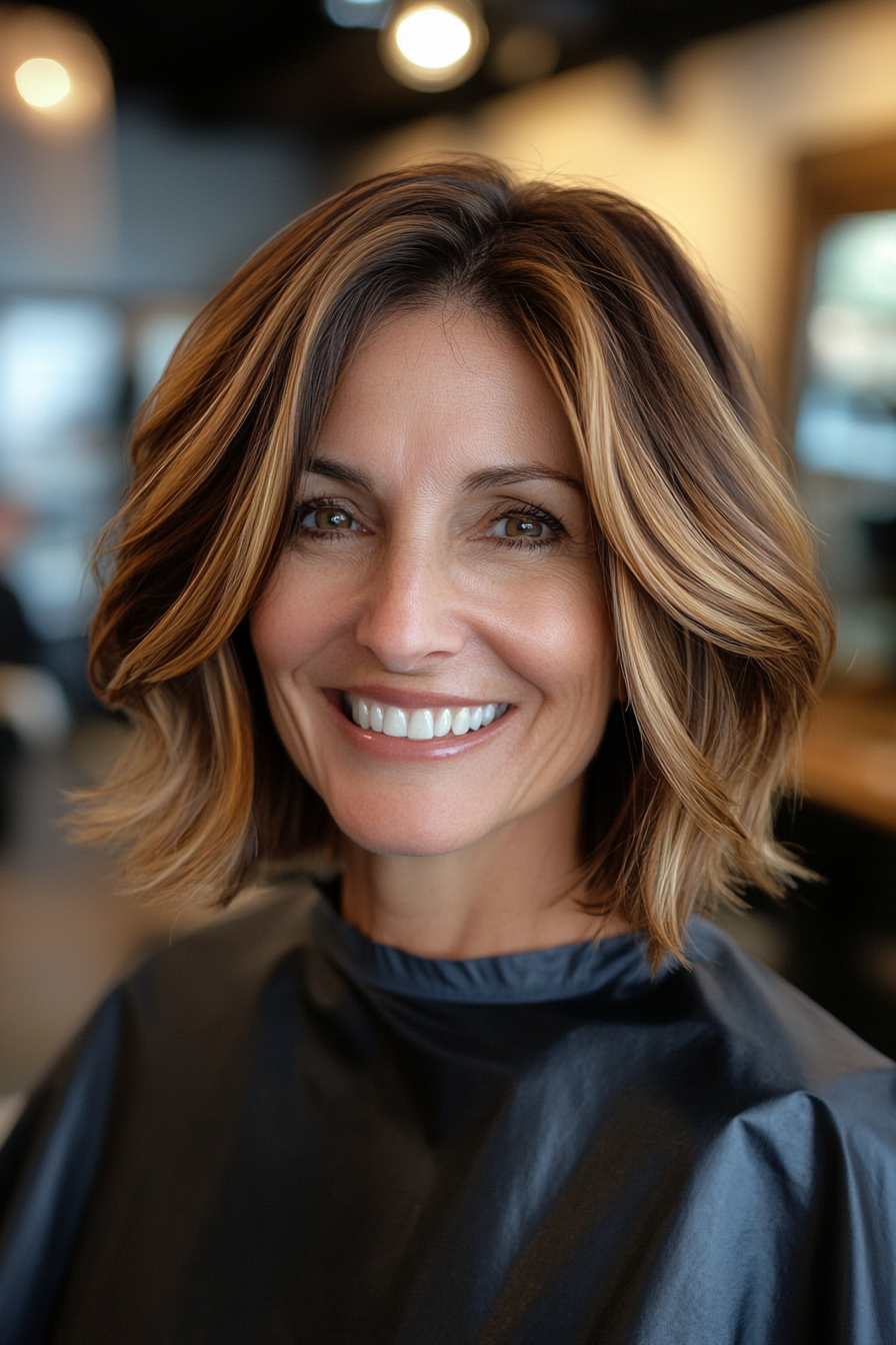 23. Rounded Bob with Light Copper Highlights (Medium Length Haircuts For Women Over 50) - Medium Length Haircuts For Women Over 50