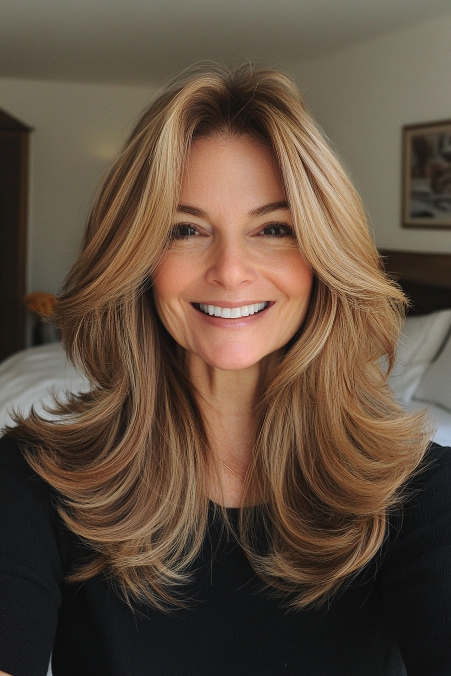 24. Feathered Ends with Caramel Brown Tones (Medium Length Haircuts For Women Over 50) - Medium Length Haircuts For Women Over 50
