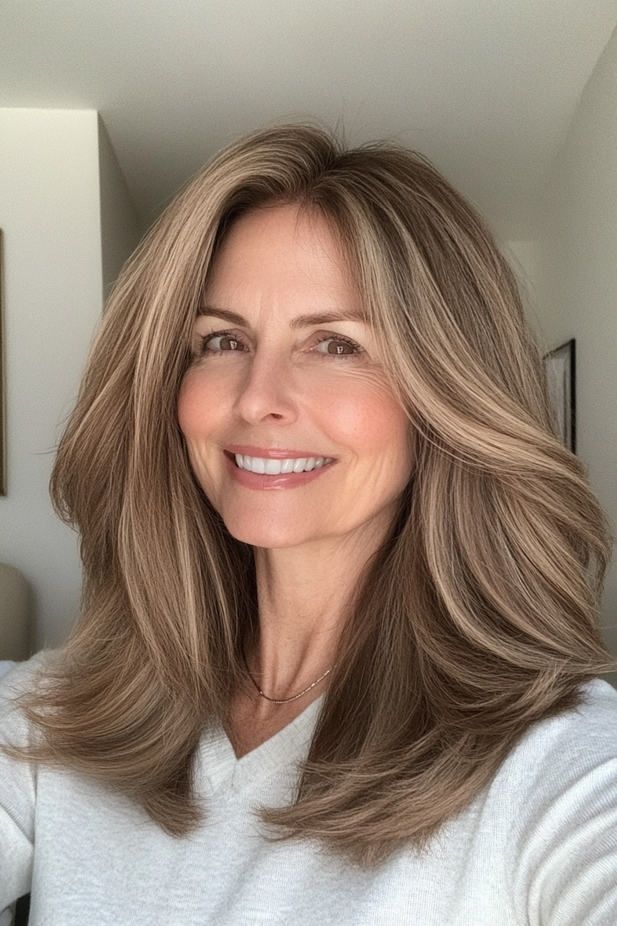 25. Mid-Length Layers with Sandy Brown (Medium Length Haircuts For Women Over 50) - Medium Length Haircuts For Women Over 50