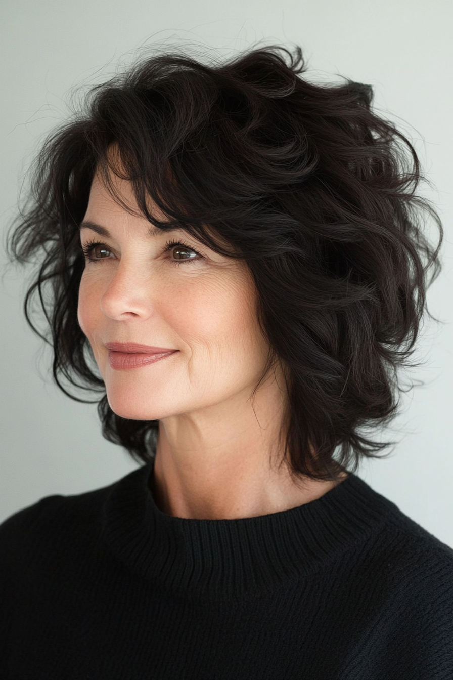 26. Voluminous Shag with Natural Black Hair (Medium Length Haircuts For Women Over 50) - Medium Length Haircuts For Women Over 50