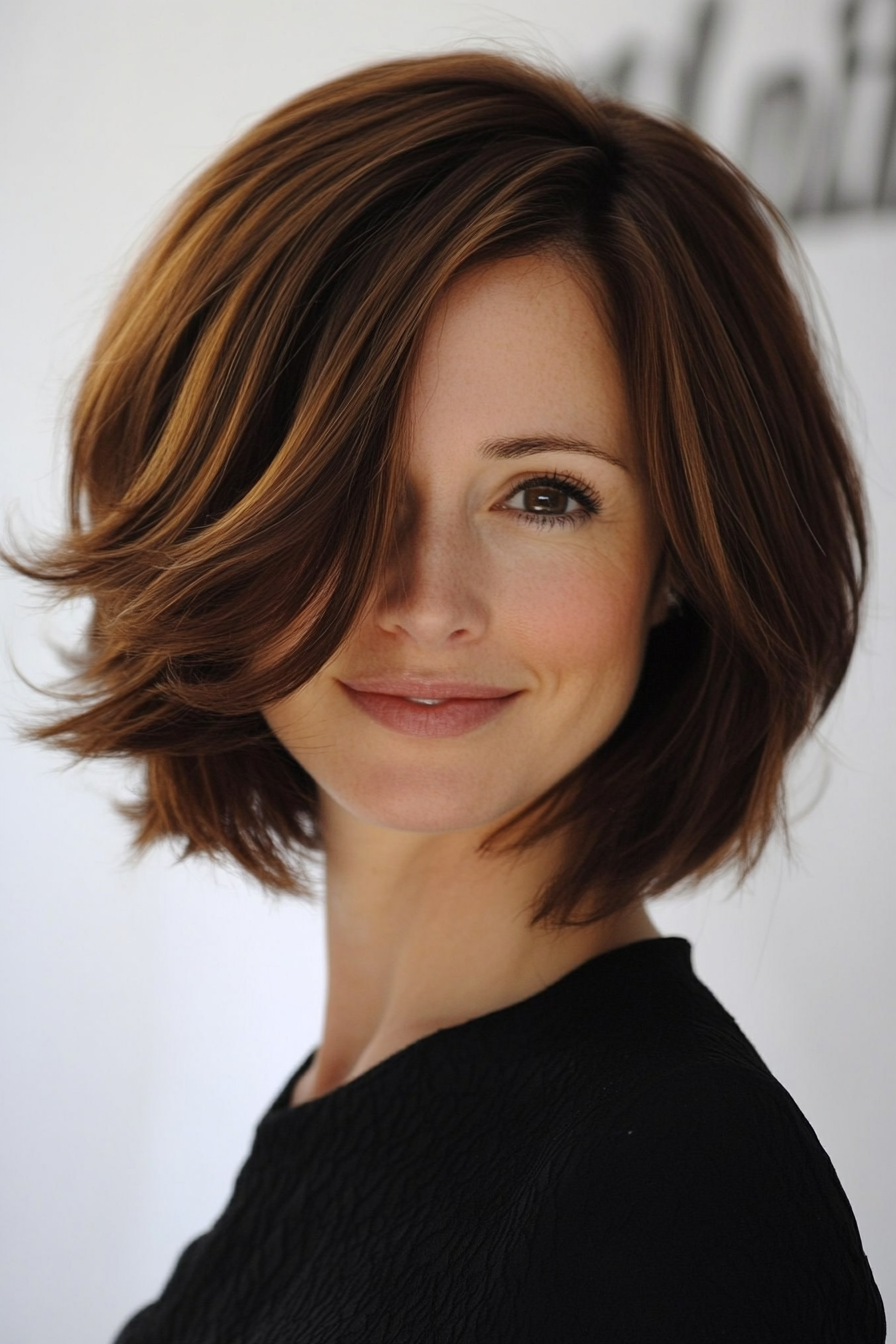 1. Feathered Bob in Deep Chestnut (Bob Hairstyles For Thin Hair) - Bob Hairstyles For Thin Hair