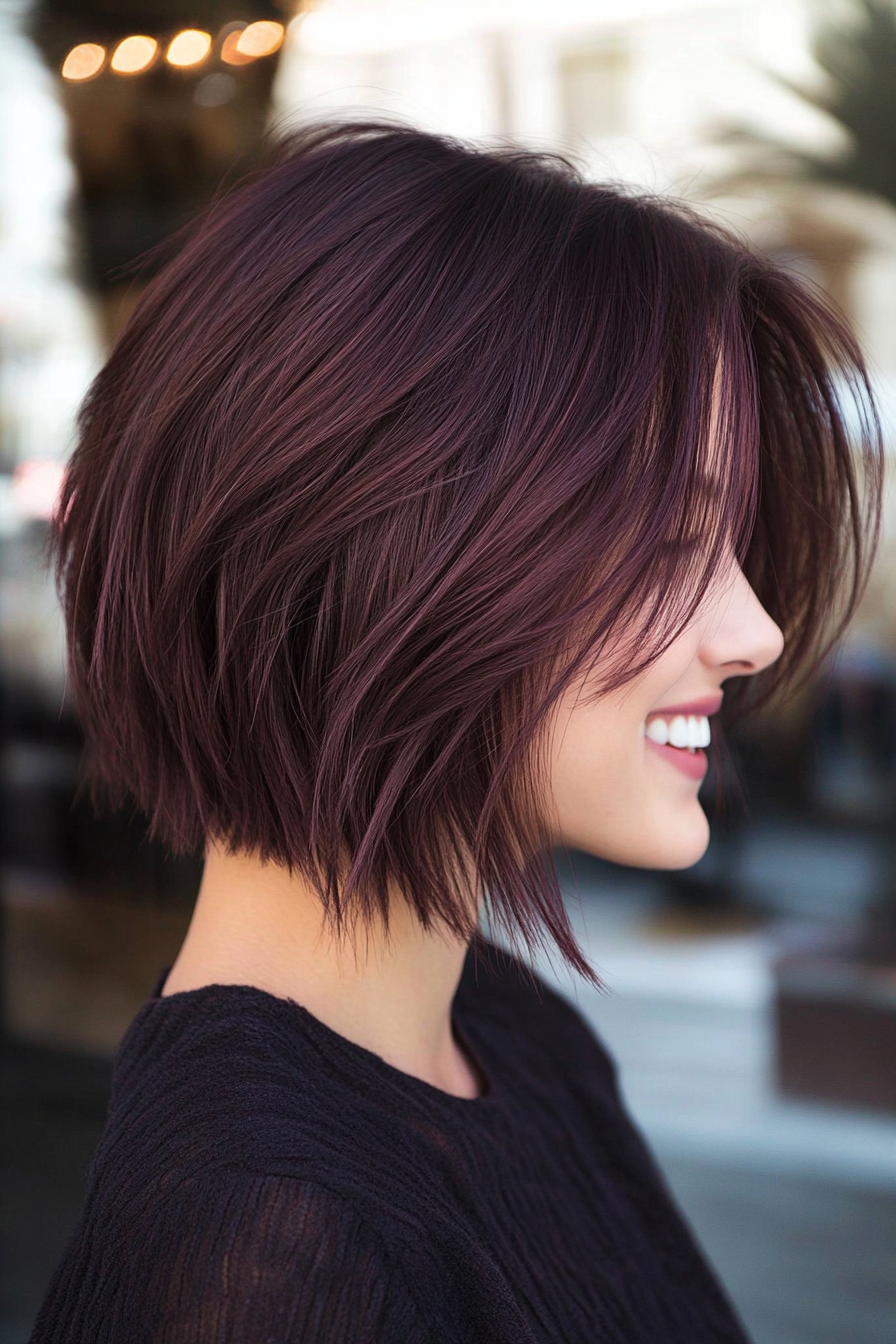 21. Edgy Bob in Deep Burgundy Brown (Bob Hairstyles For Thin Hair) - Bob Hairstyles For Thin Hair