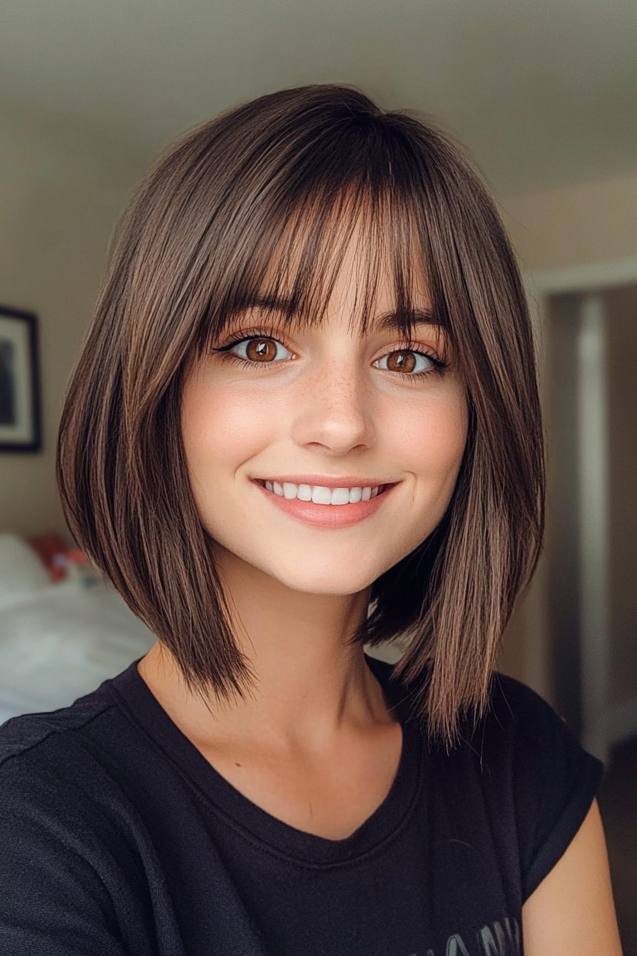 23. Curtain Bangs Bob in Chocolate Brown (Bob Hairstyles For Thin Hair) - Bob Hairstyles For Thin Hair