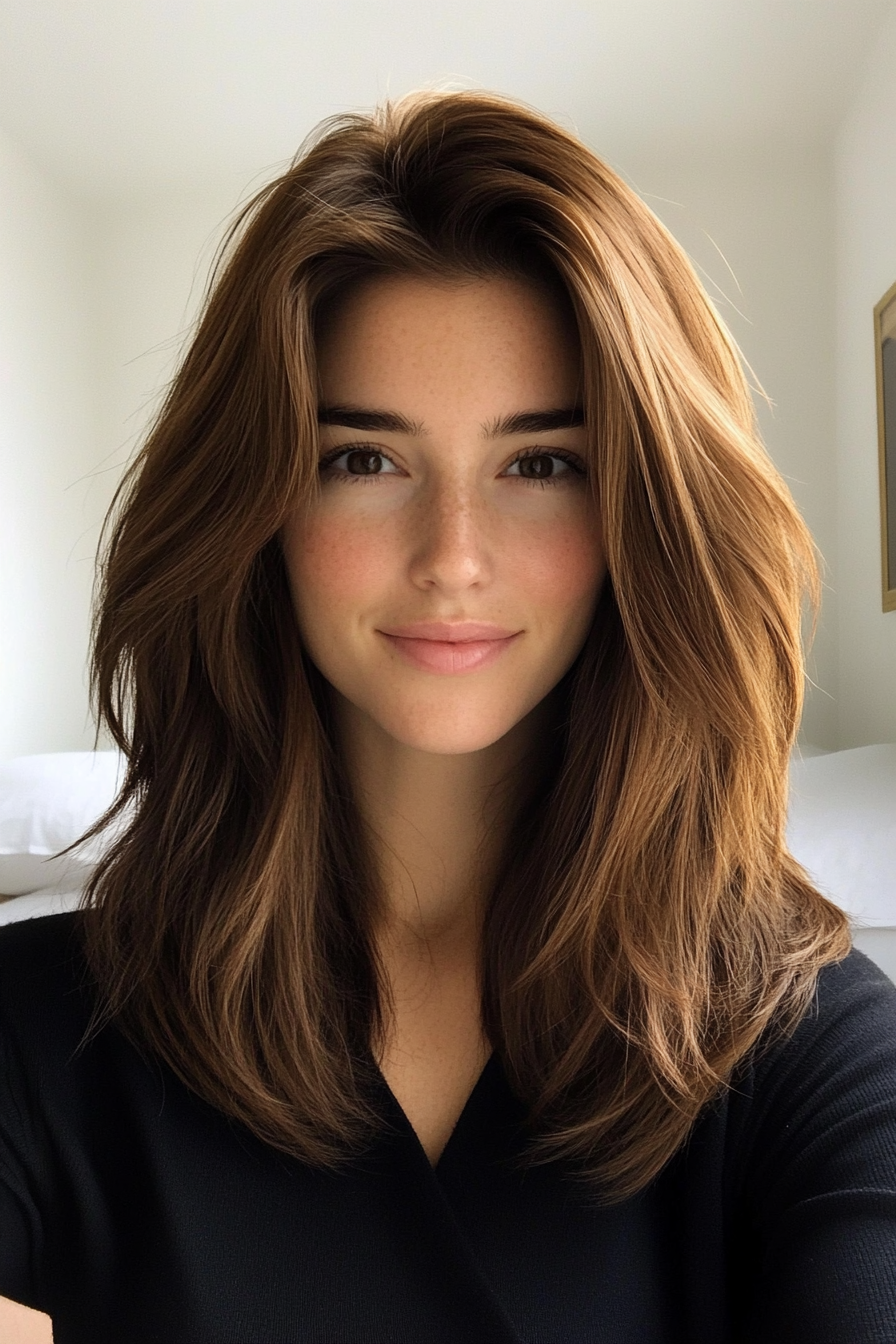 1. Feathered Shag in Chestnut Brown (Medium Length Shaggy Haircuts) - Medium Length Shaggy Haircuts