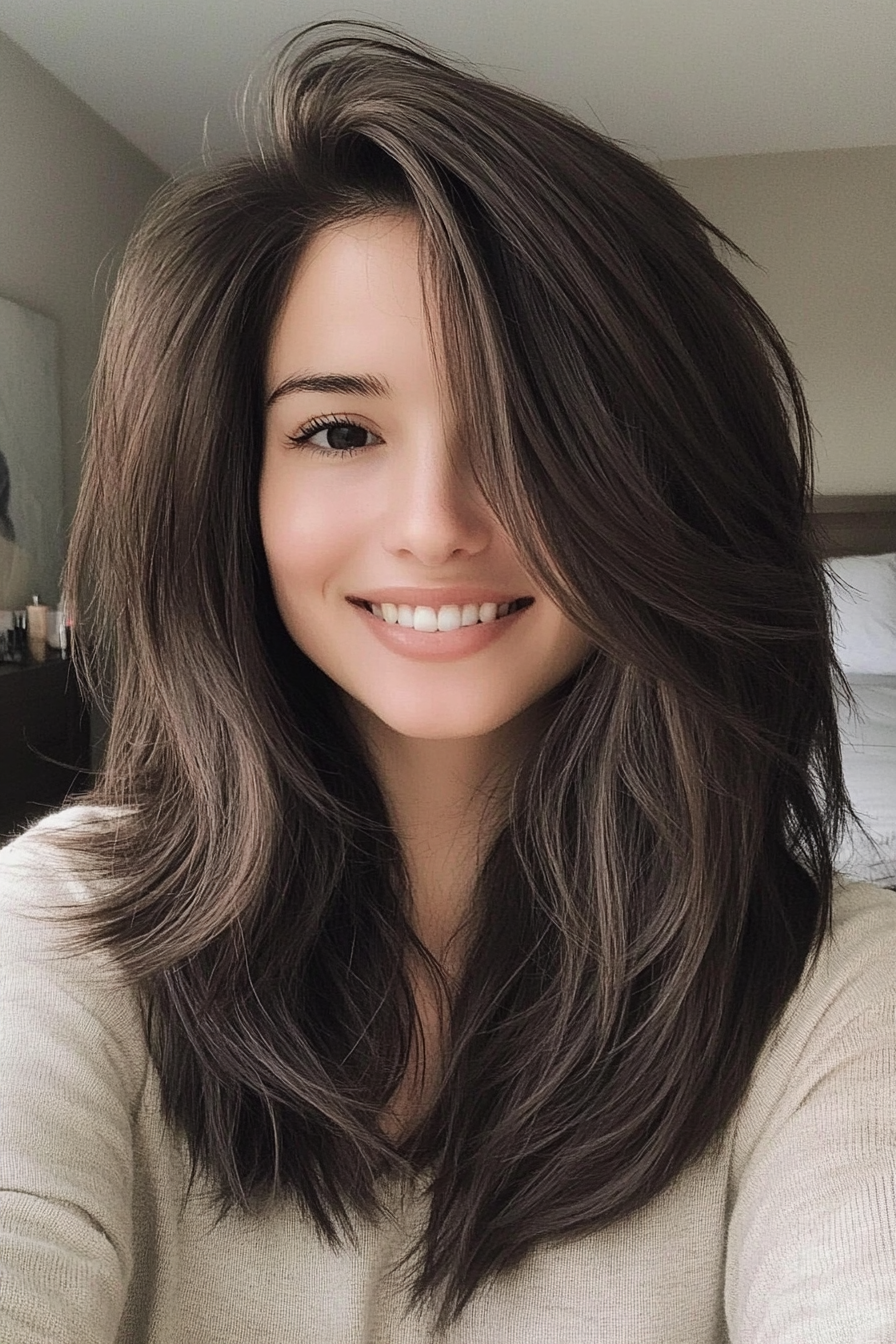 2. Layered Wolf Cut in Dark Brown (Medium Length Shaggy Haircuts) - Medium Length Shaggy Haircuts