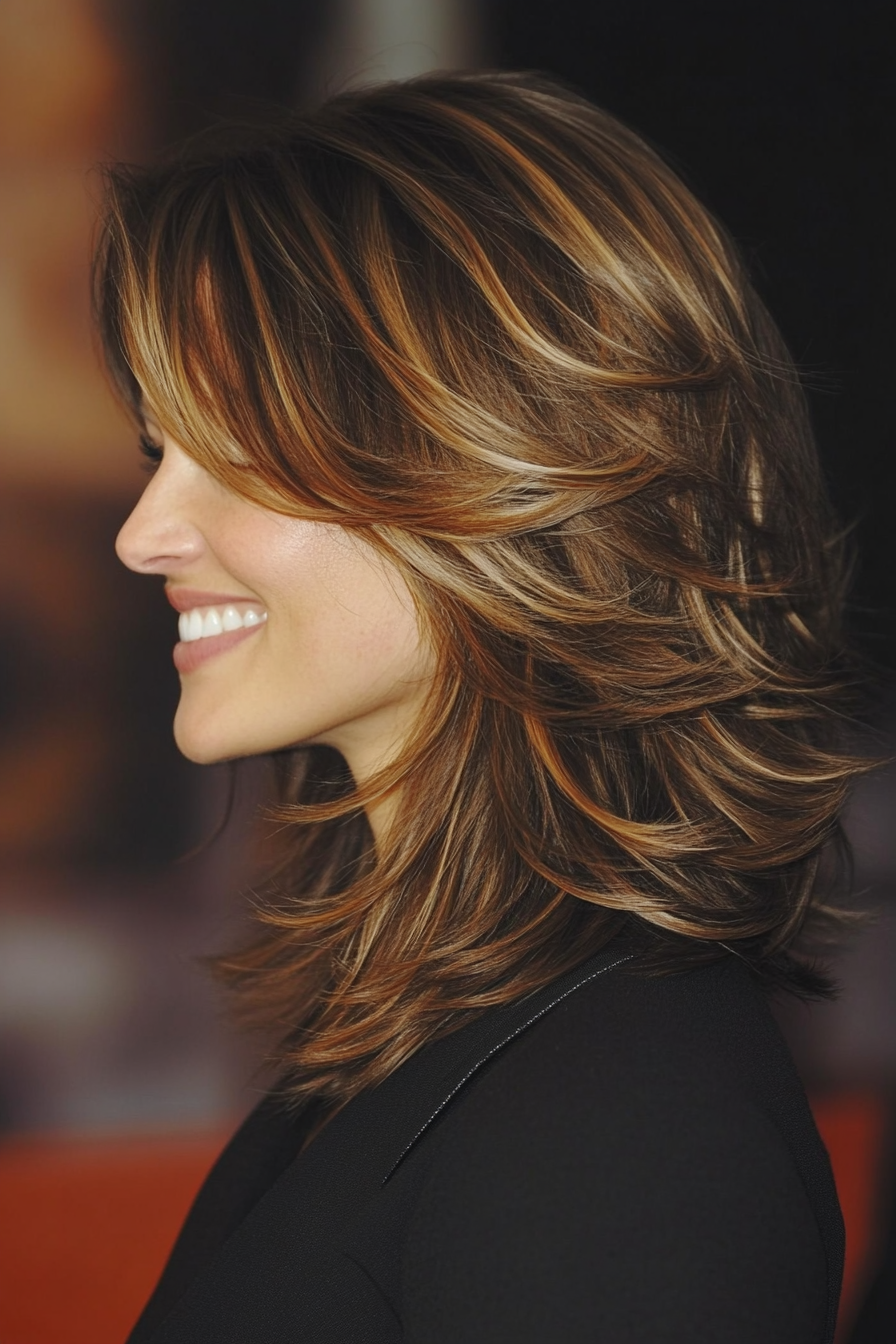 3. Wispy Shag with Caramel Highlights (Medium Length Shaggy Haircuts) - Medium Length Shaggy Haircuts