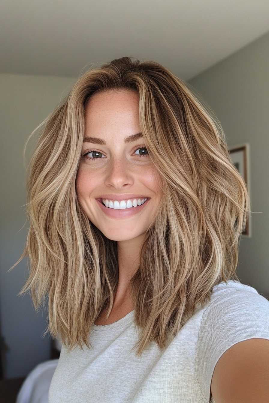 4. Tousled Shag with Sandy Blonde Tones (Medium Length Shaggy Haircuts) - Medium Length Shaggy Haircuts