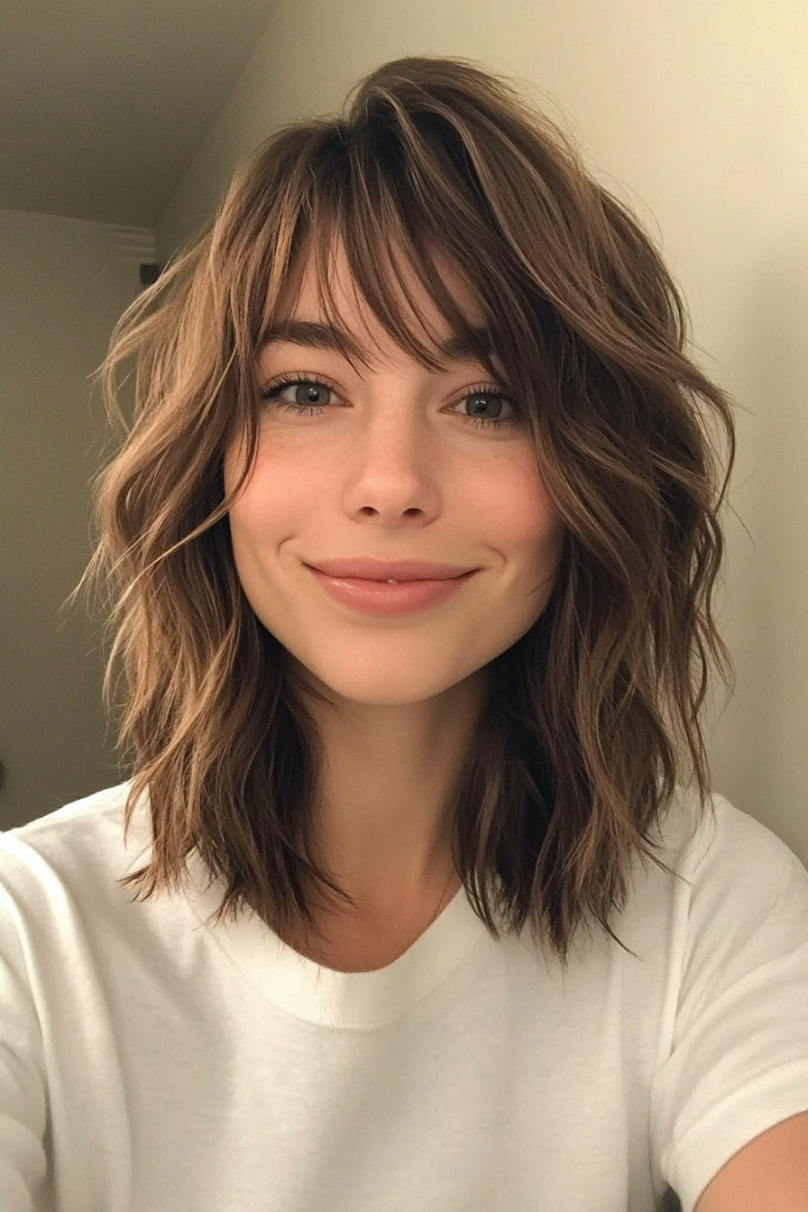 6. Wavy Curtain Bangs Shag in Warm Brown (Medium Length Shaggy Haircuts) - Medium Length Shaggy Haircuts