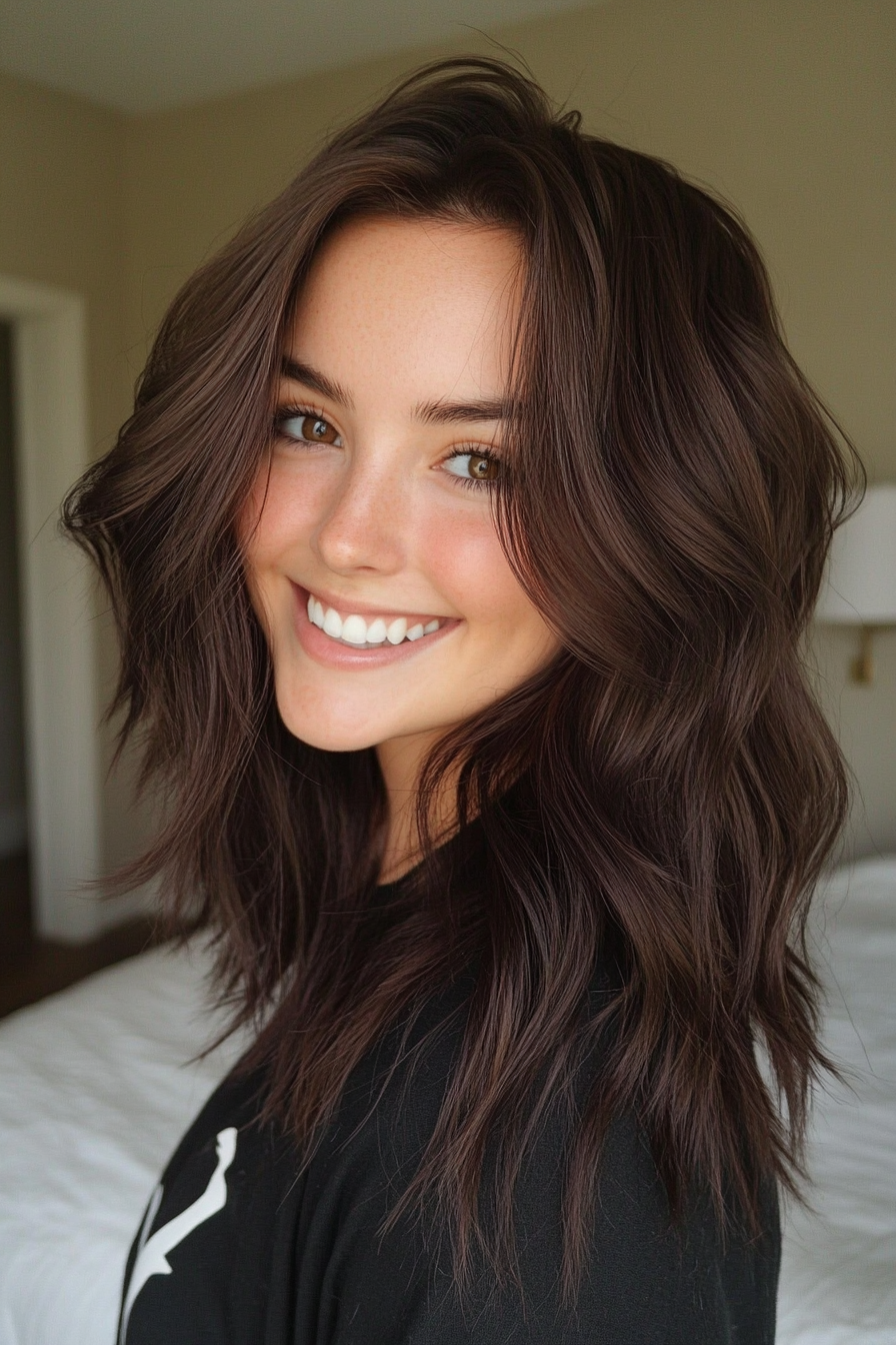 10. Layered Wave Shag in Dark Mahogany (Medium Length Shaggy Haircuts) - Medium Length Shaggy Haircuts