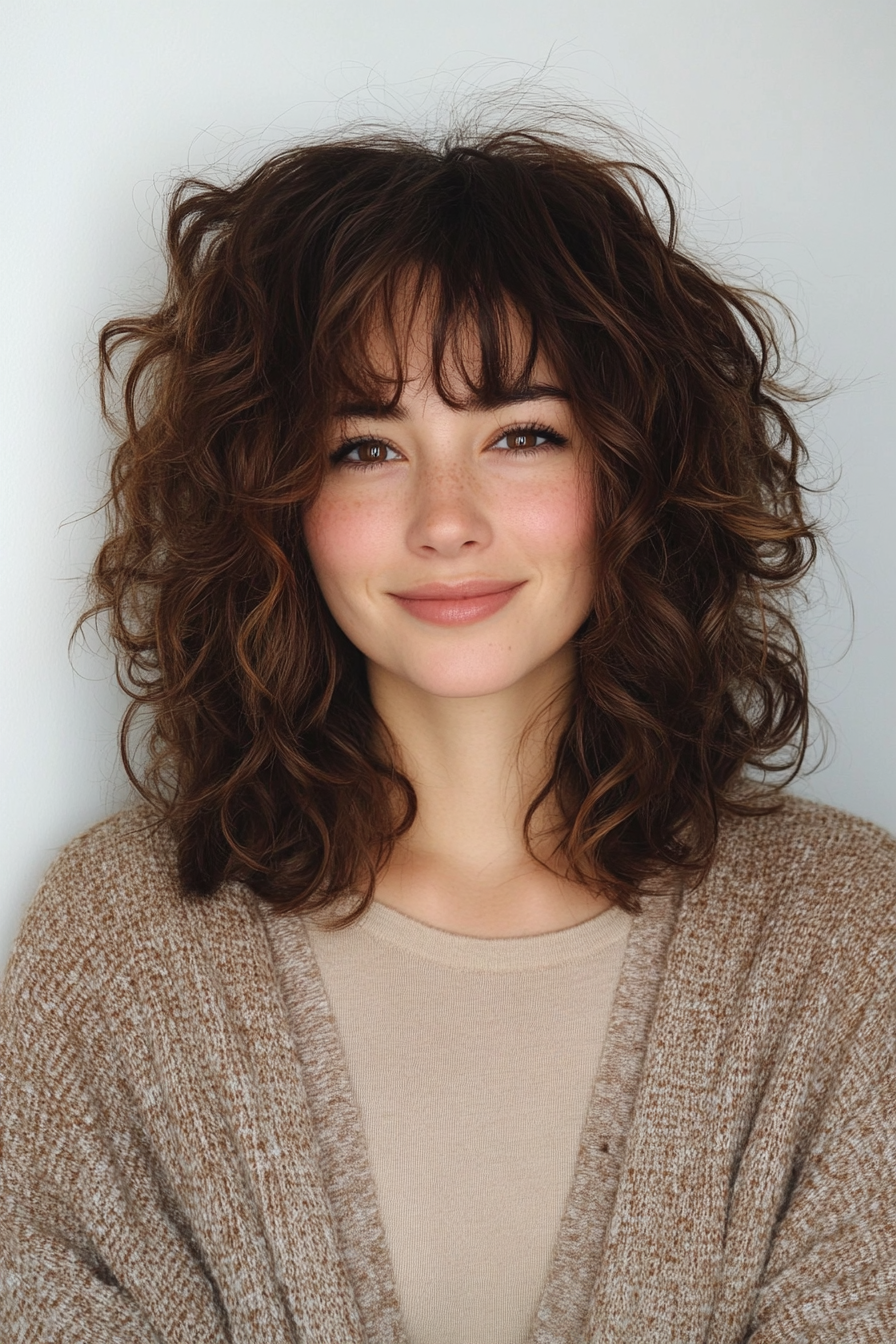 16. Curly Shag with Espresso Brown Tones (Medium Length Shaggy Haircuts) - Medium Length Shaggy Haircuts