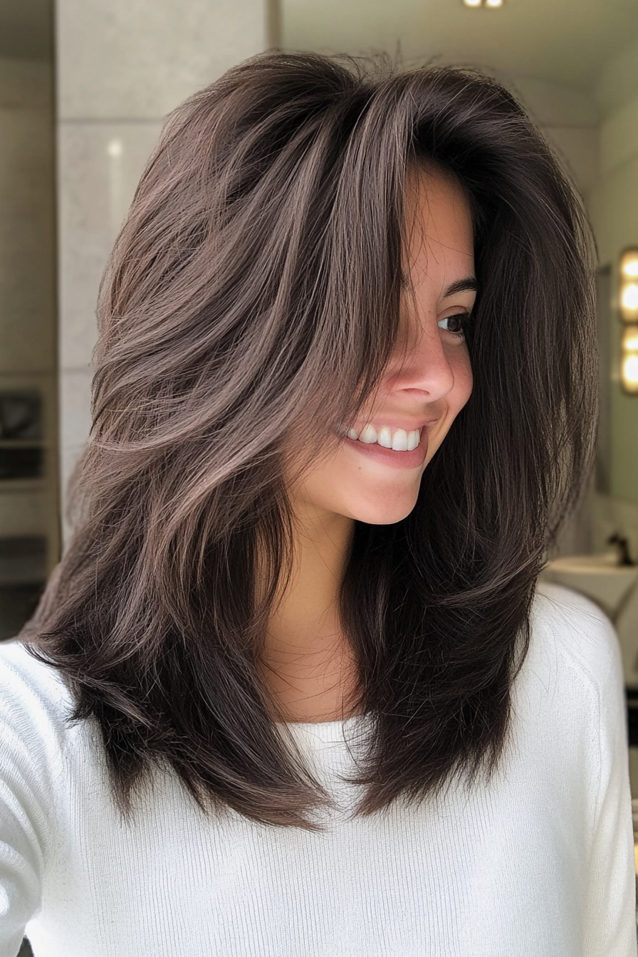 23. Face-Framing Shag with Dark Chocolate Hue (Medium Length Shaggy Haircuts) - Medium Length Shaggy Haircuts