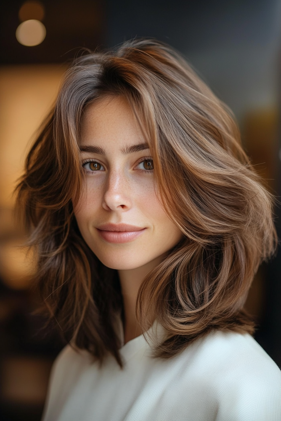 26. Effortless Medium-Length Shag in Caramel Brown (Medium Length Shaggy Haircuts) - Medium Length Shaggy Haircuts