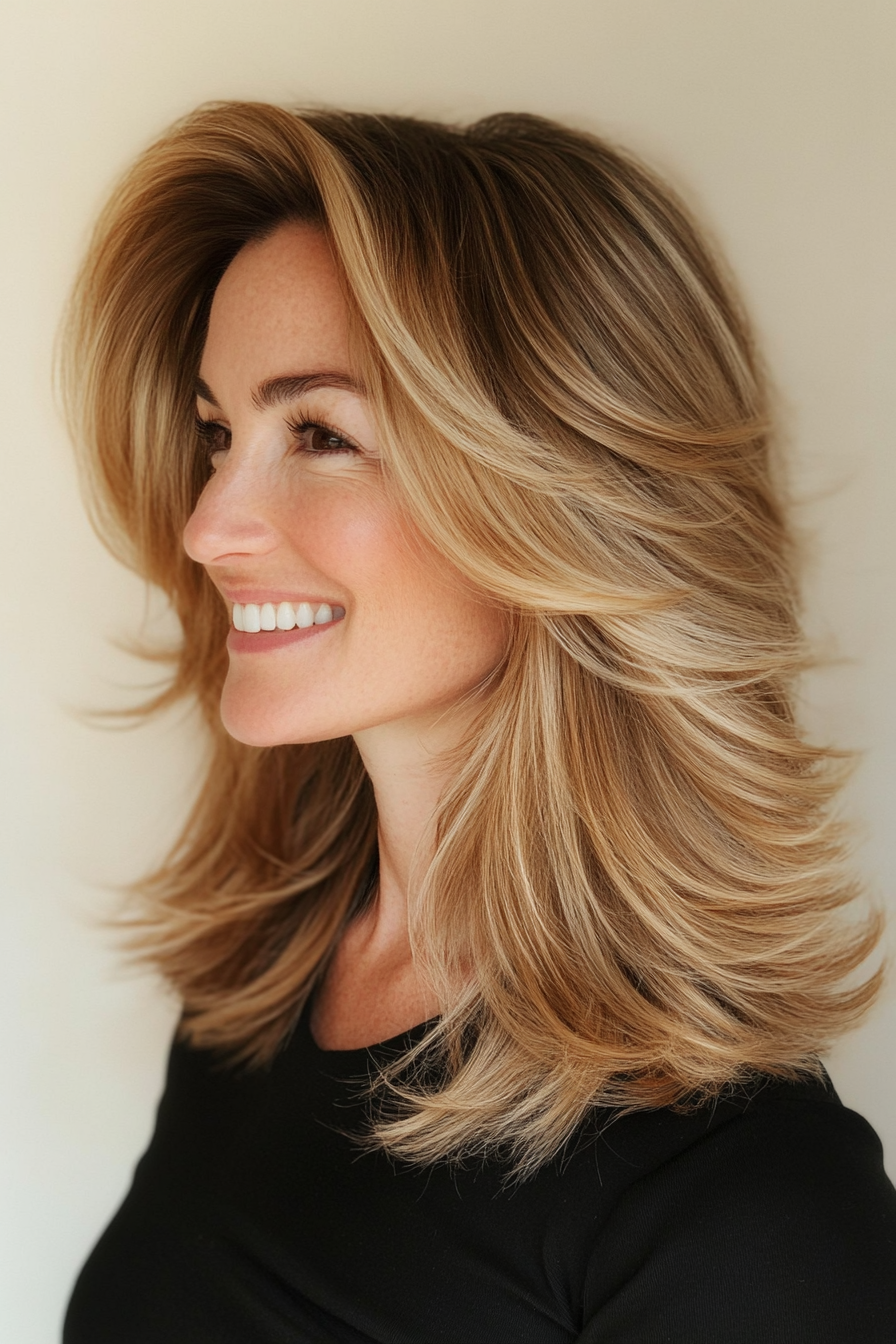 1. Feathered Layers in Honey Blonde (Medium Length Hairstyles For Thin Hair) - Medium Length Hairstyles For Thin Hair