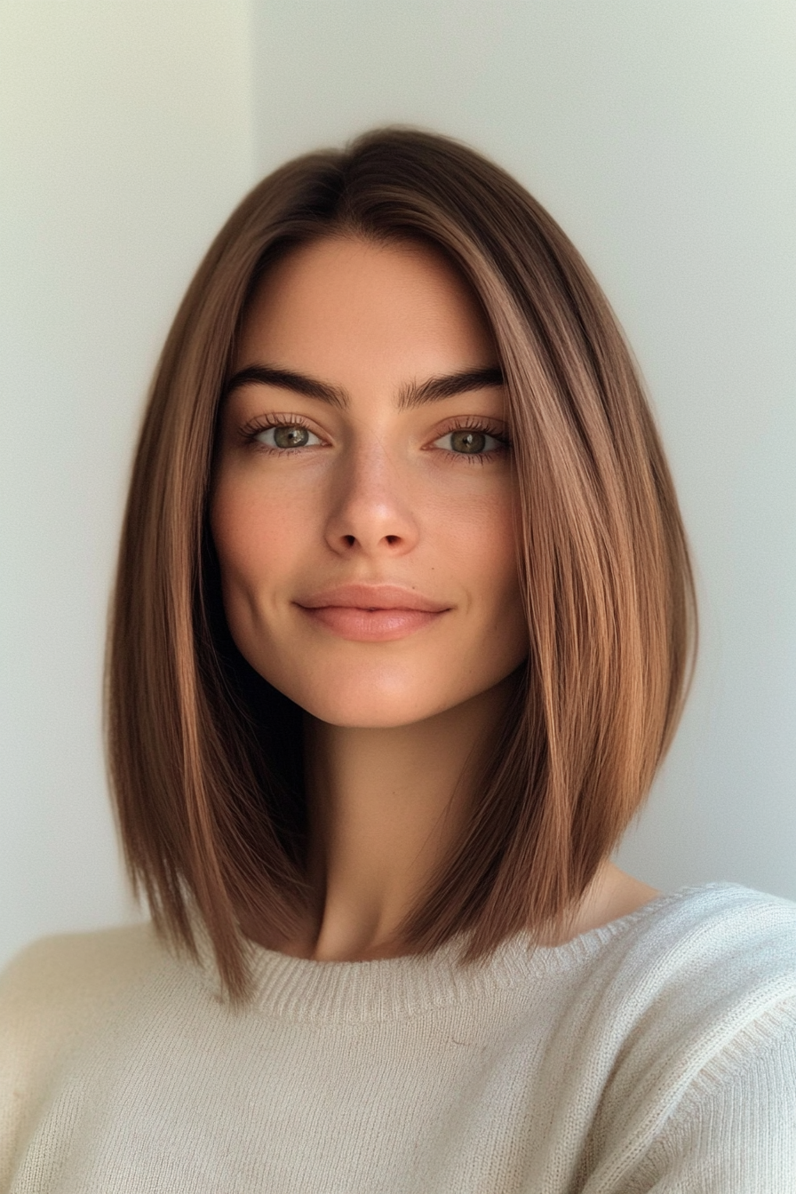 2. Blunt Lob in Deep Chestnut (Medium Length Hairstyles For Thin Hair) - Medium Length Hairstyles For Thin Hair