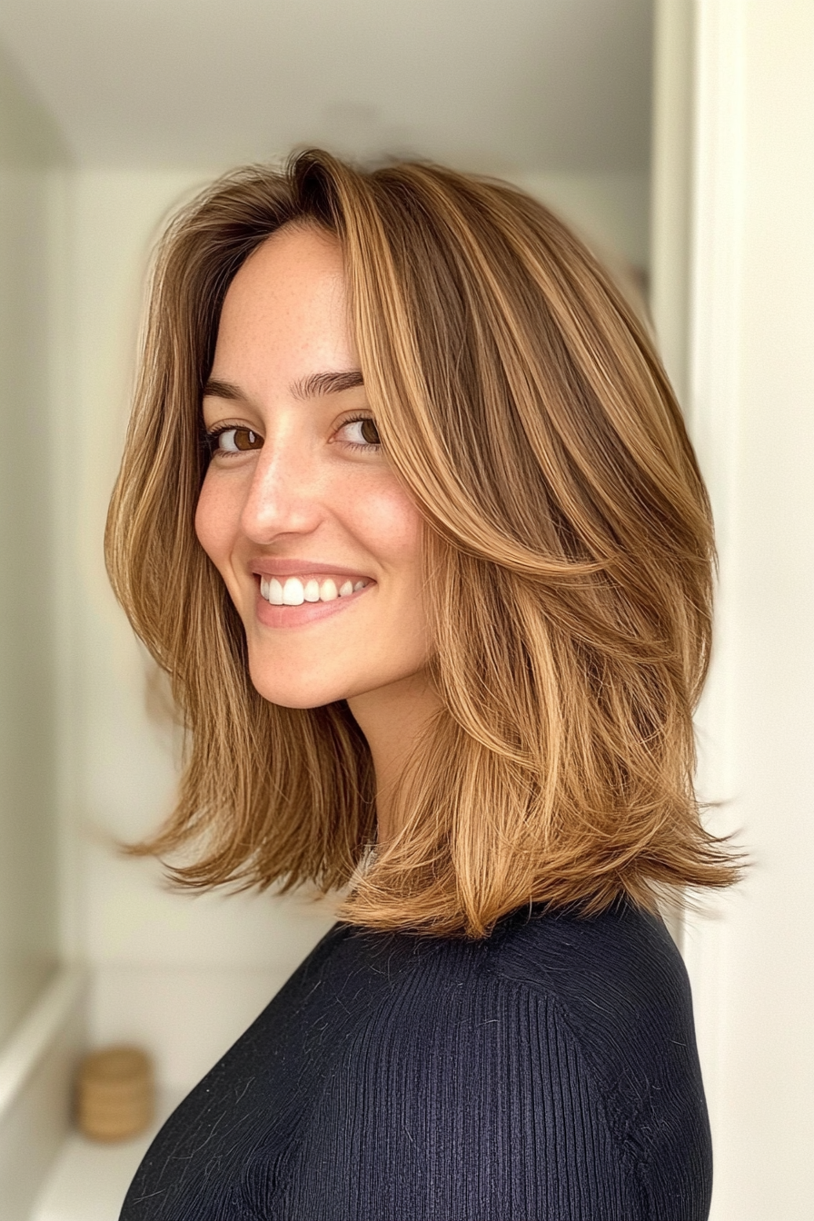 4. Soft Shag in Warm Caramel Brown (Medium Length Hairstyles For Thin Hair) - Medium Length Hairstyles For Thin Hair