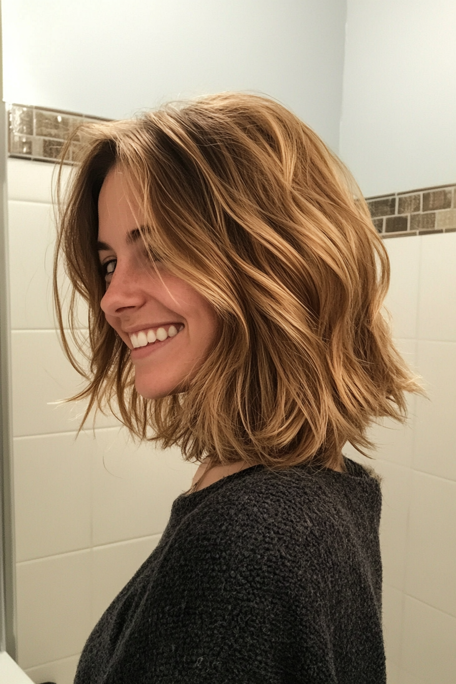 7. Textured Collarbone Cut in Golden Brown (Medium Length Hairstyles For Thin Hair) - Medium Length Hairstyles For Thin Hair