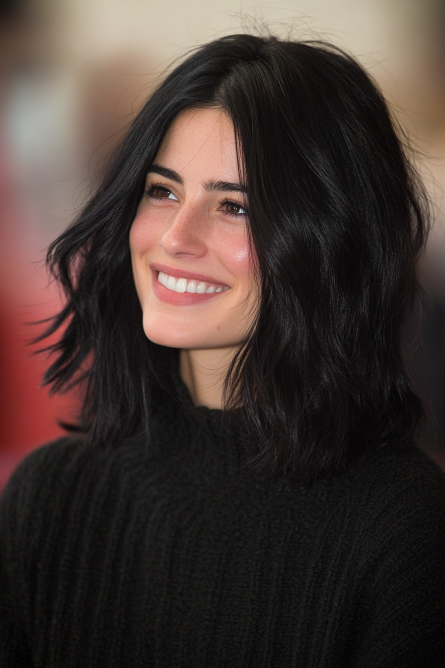 13. Mid-Length Angled Cut in Natural Black (Medium Length Hairstyles For Thin Hair) - Medium Length Hairstyles For Thin Hair