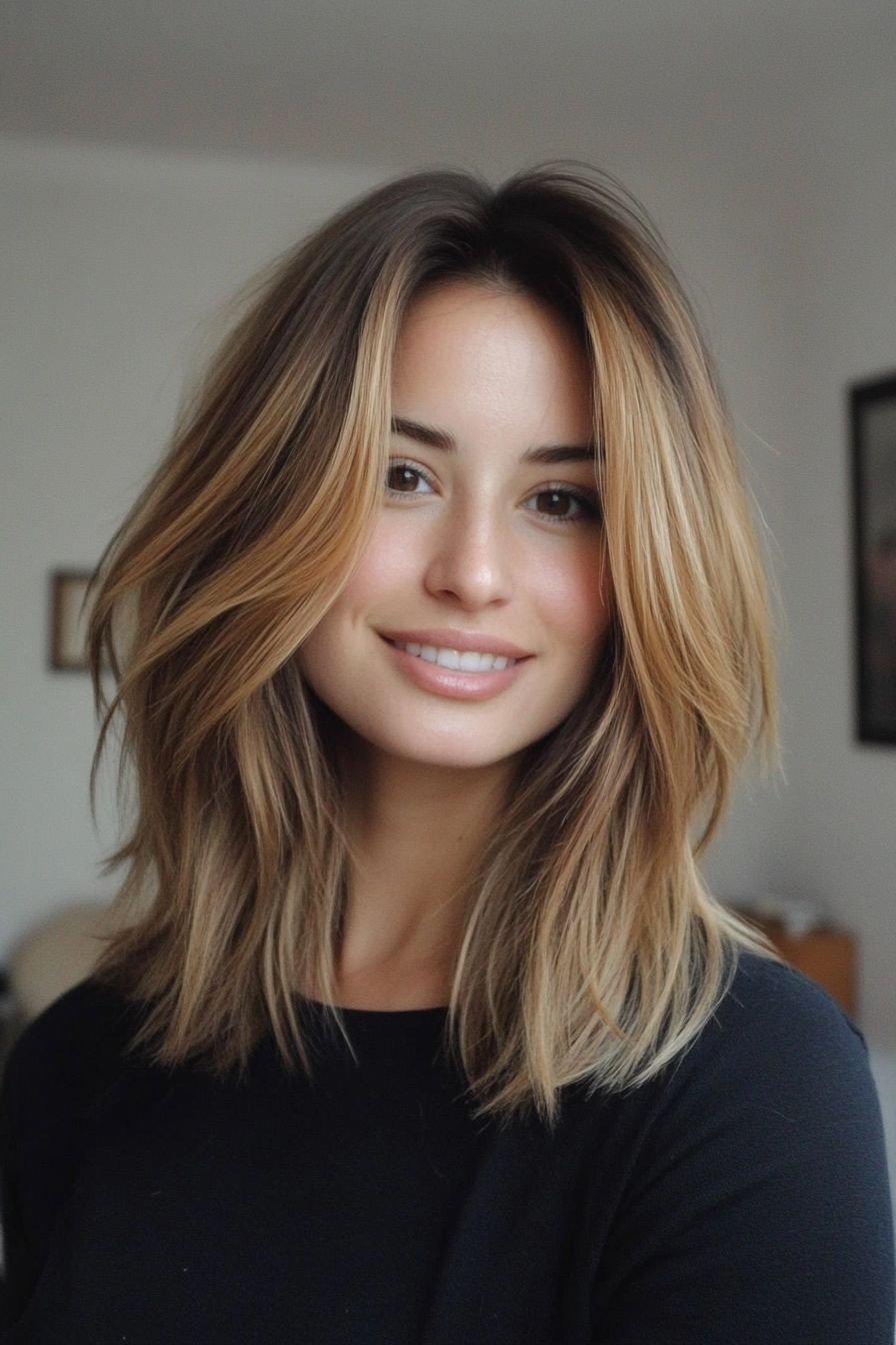 14. Soft Choppy Cut in Dark Honey Blonde (Medium Length Hairstyles For Thin Hair) - Medium Length Hairstyles For Thin Hair
