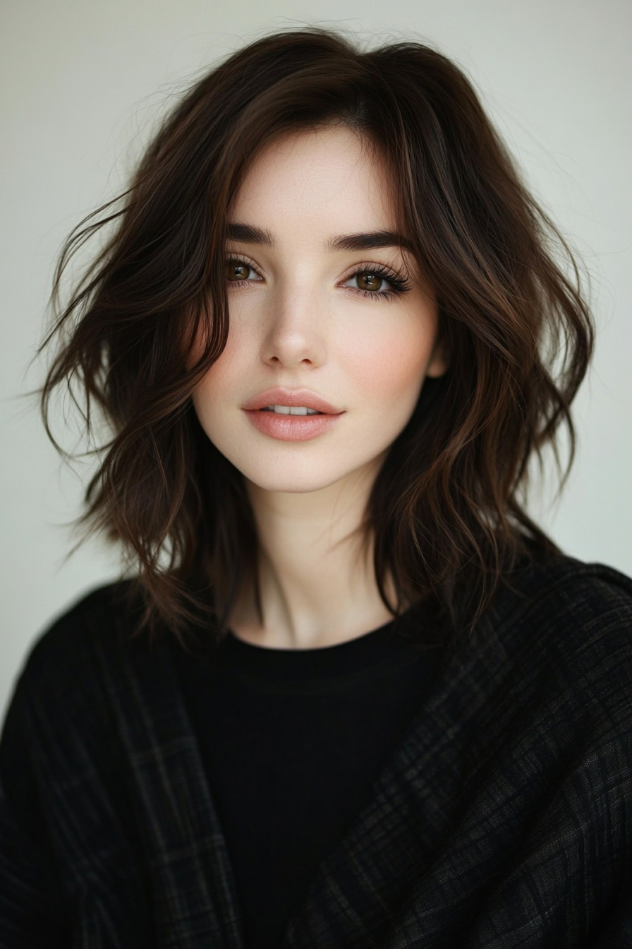 18. Messy Wavy Lob in Dark Walnut Brown (Medium Length Hairstyles For Thin Hair) - Medium Length Hairstyles For Thin Hair