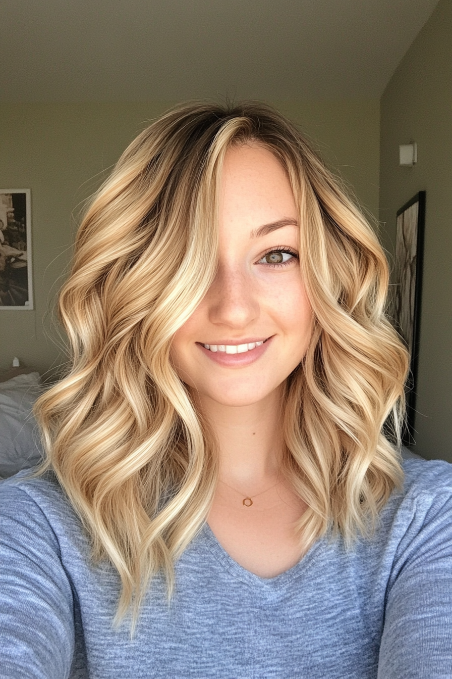 20. Wavy Shoulder Cut with Golden Blonde Balayage (Medium Length Hairstyles For Thin Hair) - Medium Length Hairstyles For Thin Hair