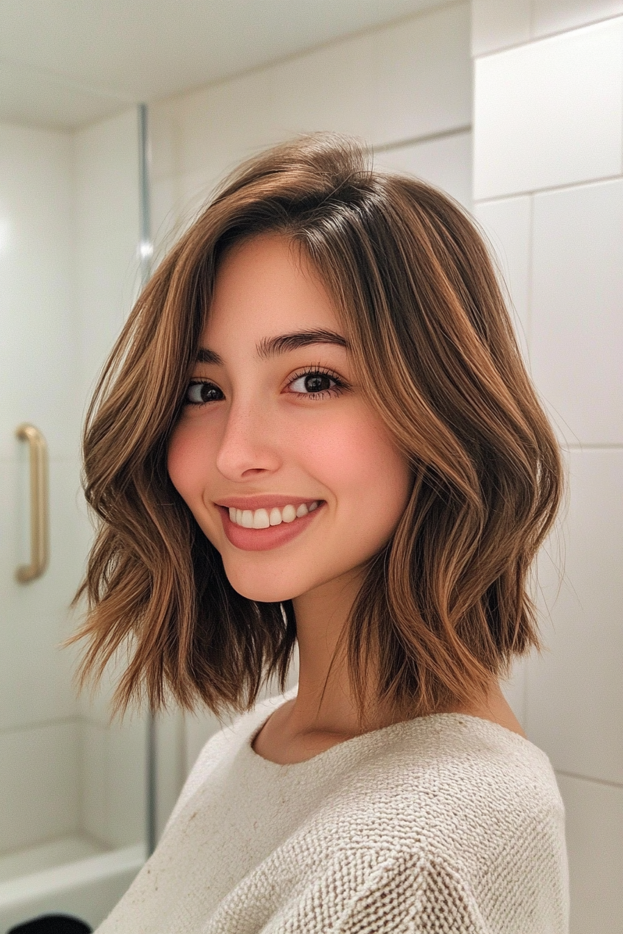 21. Blended Lob with Caramel Brunette Tones (Medium Length Hairstyles For Thin Hair) - Medium Length Hairstyles For Thin Hair