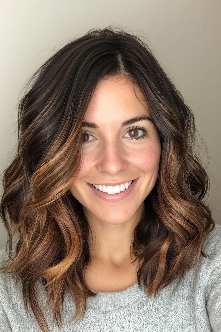 25. Tousled Waves with Dark Amber Highlights (Medium Length Hairstyles For Thin Hair) - Medium Length Hairstyles For Thin Hair