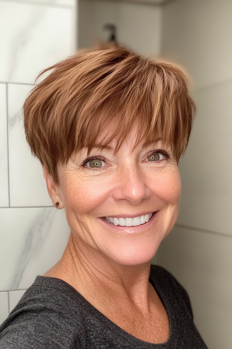 5. Rich Chestnut Pixie with Side Bangs (Pixie Haircuts For Women Over 60) - Pixie Haircuts For Women Over 60