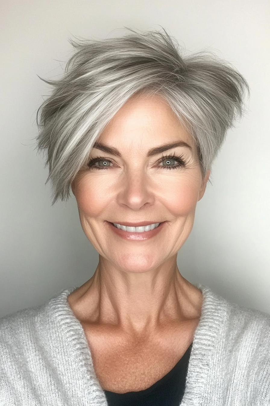6. Light Gray Feathered Pixie (Pixie Haircuts For Women Over 60) - Pixie Haircuts For Women Over 60
