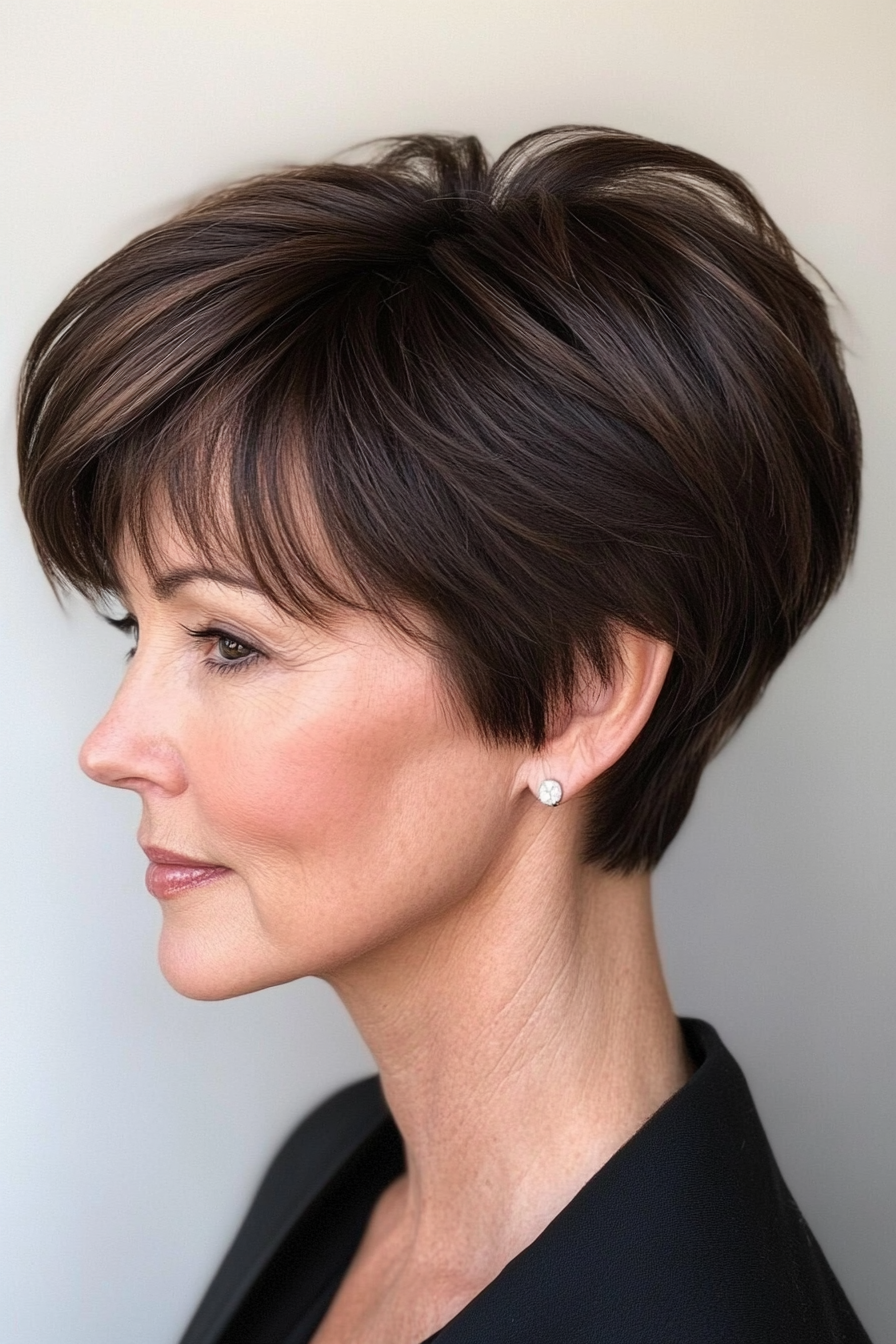 7. Dark Cocoa Layered Pixie (Pixie Haircuts For Women Over 60) - Pixie Haircuts For Women Over 60