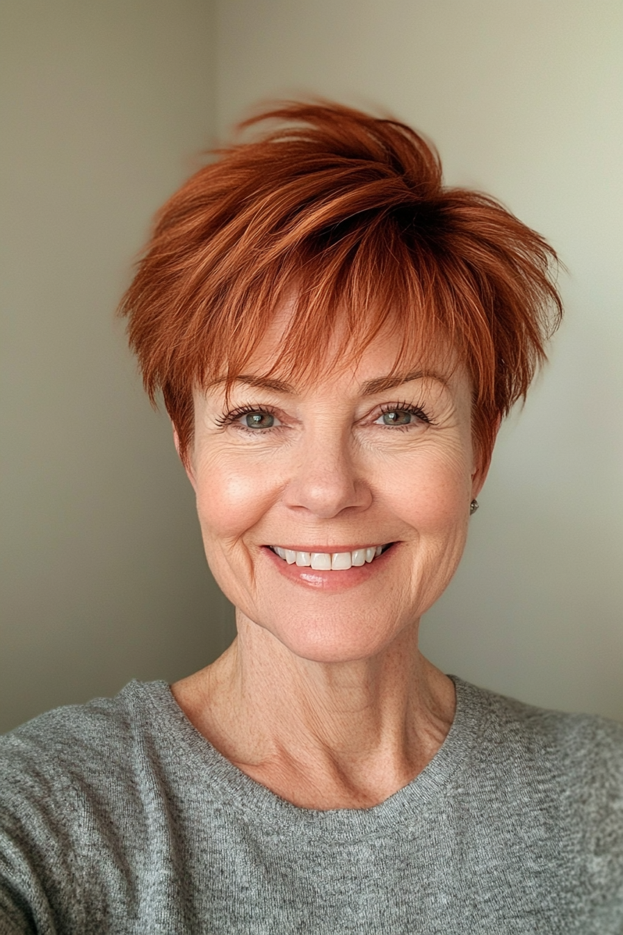 10. Warm Auburn Wispy Pixie (Pixie Haircuts For Women Over 60) - Pixie Haircuts For Women Over 60