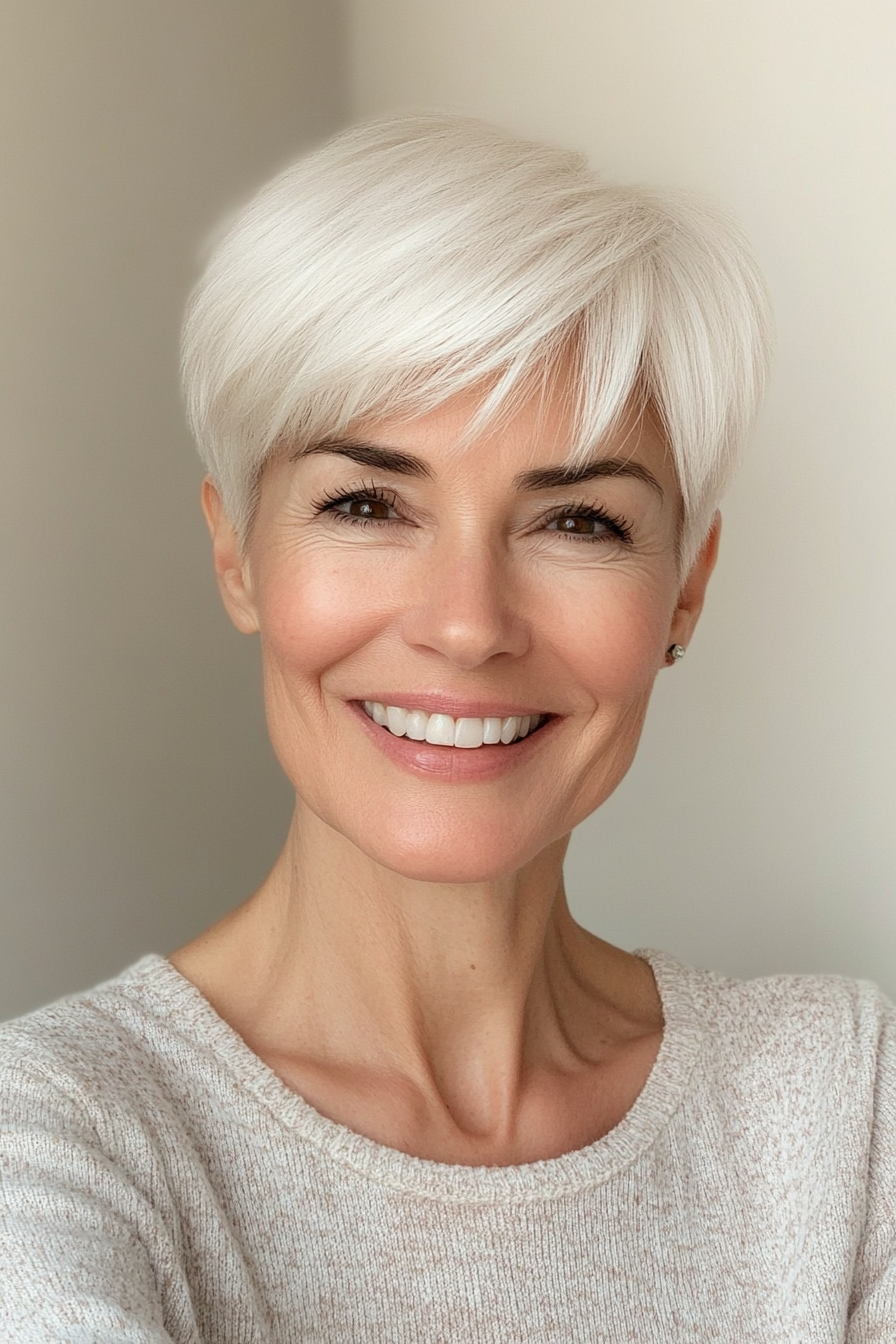 16. Pearl White Pixie with Fringe (Pixie Haircuts For Women Over 60) - Pixie Haircuts For Women Over 60
