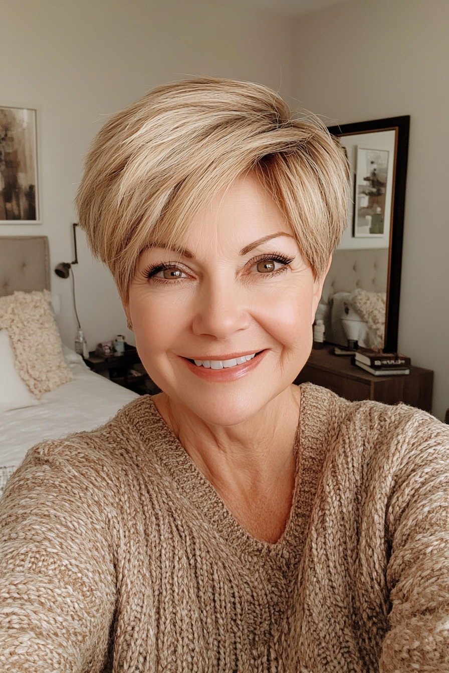 21. Golden Wheat Pixie with Face-Framing Layers (Pixie Haircuts For Women Over 60) - Pixie Haircuts For Women Over 60