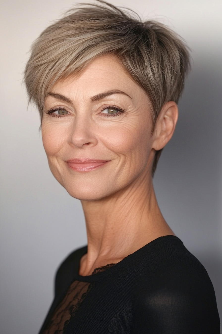 22. Light Brown Side-Parted Pixie (Pixie Haircuts For Women Over 60) - Pixie Haircuts For Women Over 60