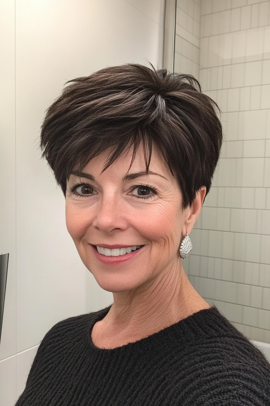 24. Dark Brunette Textured Pixie (Pixie Haircuts For Women Over 60) - Pixie Haircuts For Women Over 60