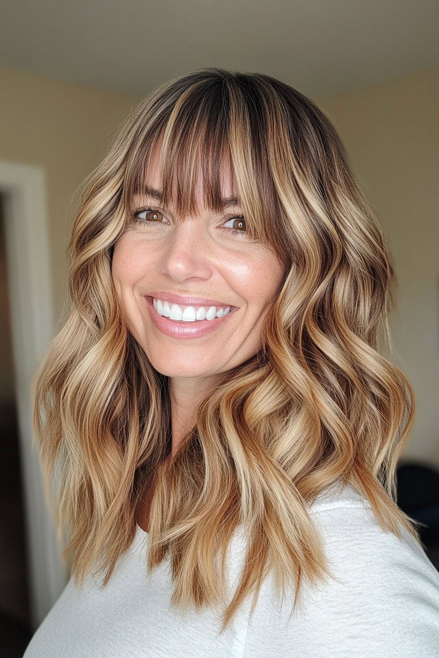 3. Wavy Shoulder-Length Cut with Caramel Balayage (Hairstyles For Women Over 50 With Bangs) - Hairstyles For Women Over 50 With Bangs