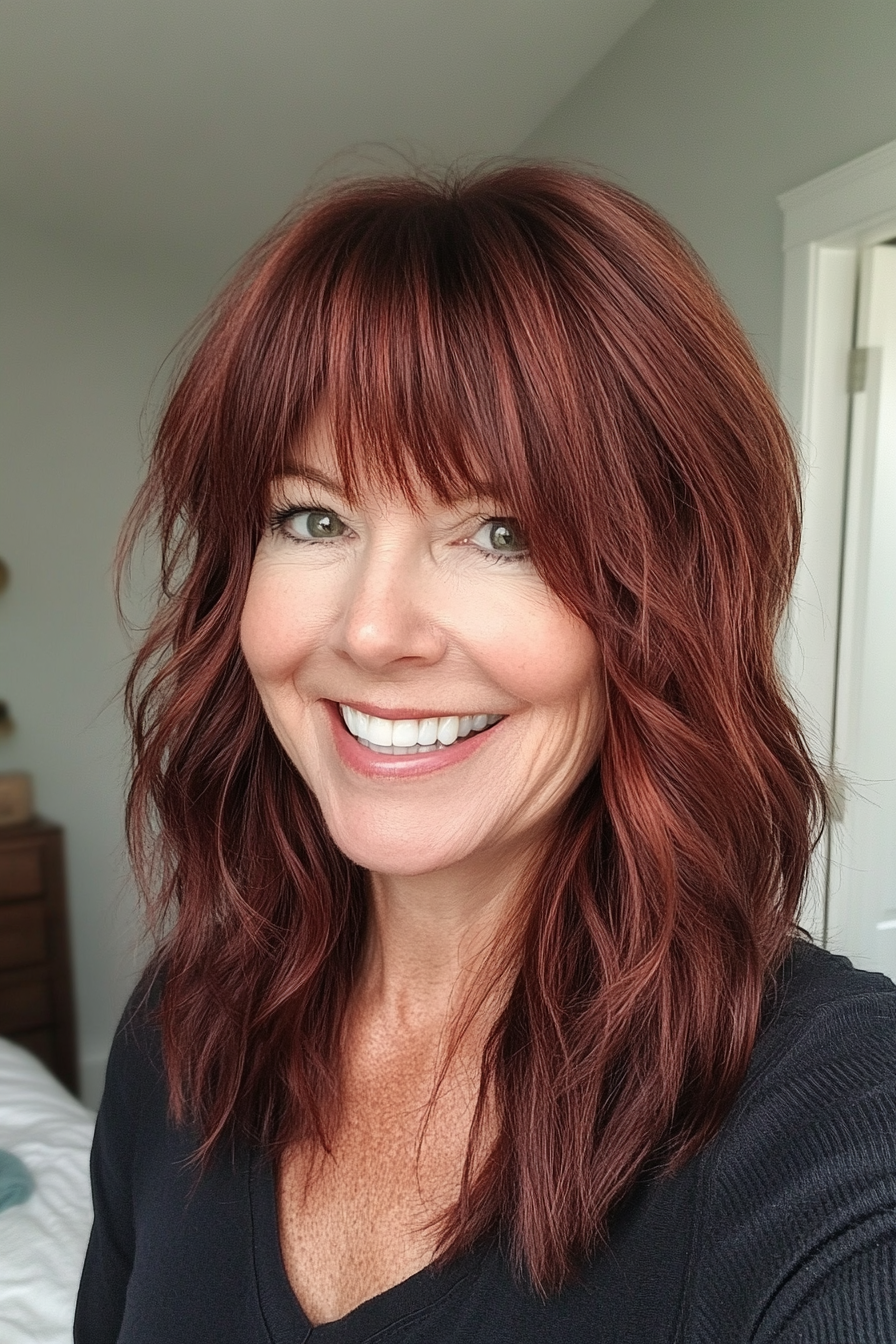 5. Shaggy Lob with Wispy Bangs in Dark Auburn (Hairstyles For Women Over 50 With Bangs) - Hairstyles For Women Over 50 With Bangs