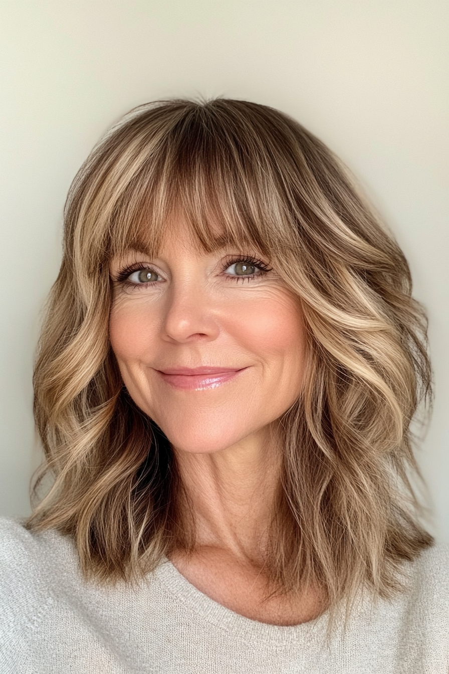 6. Side-Parted Shoulder Cut with Honey Highlights (Hairstyles For Women Over 50 With Bangs) - Hairstyles For Women Over 50 With Bangs