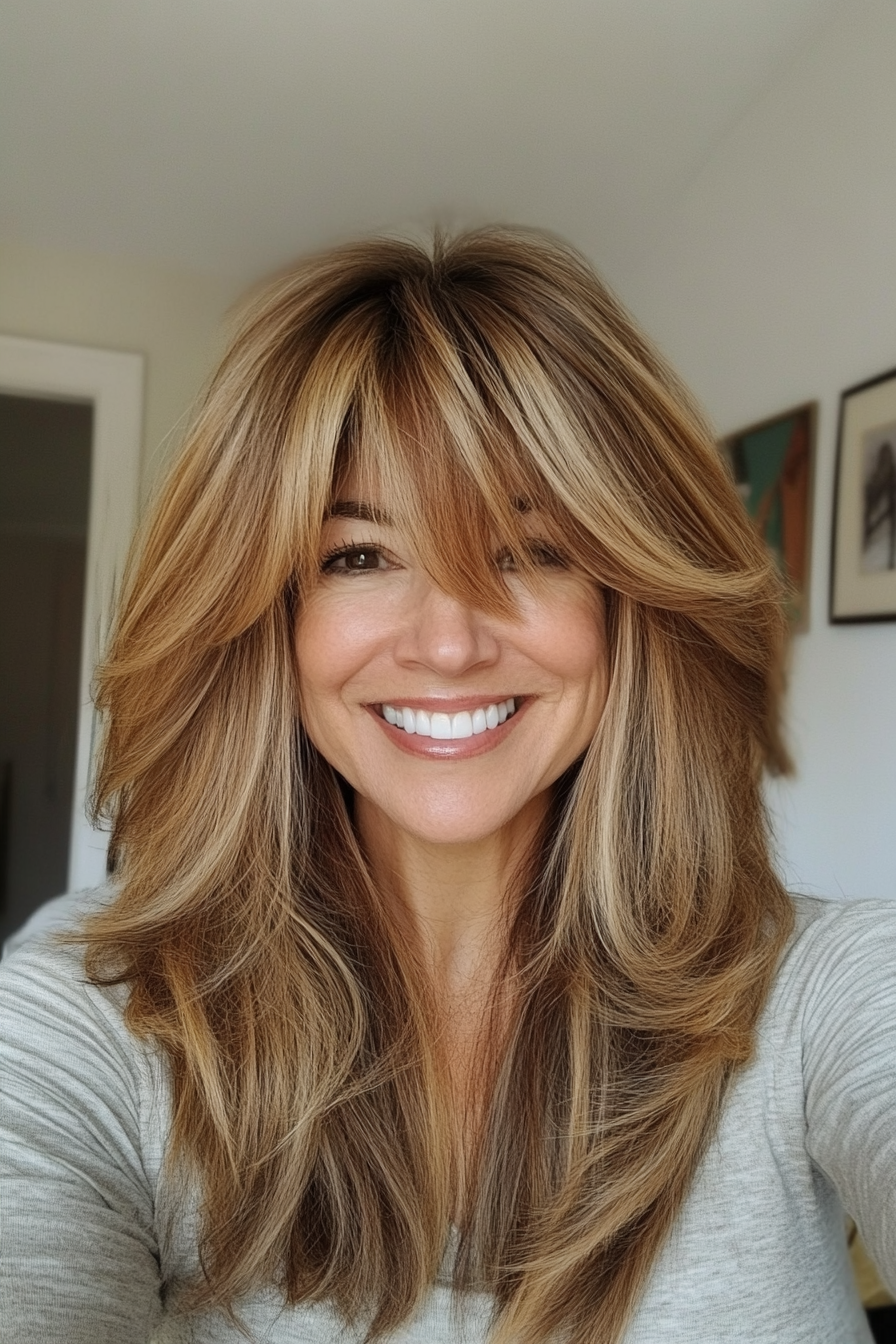 7. Modern Wolf Cut with Curtain Bangs in Golden Brown (Hairstyles For Women Over 50 With Bangs) - Hairstyles For Women Over 50 With Bangs