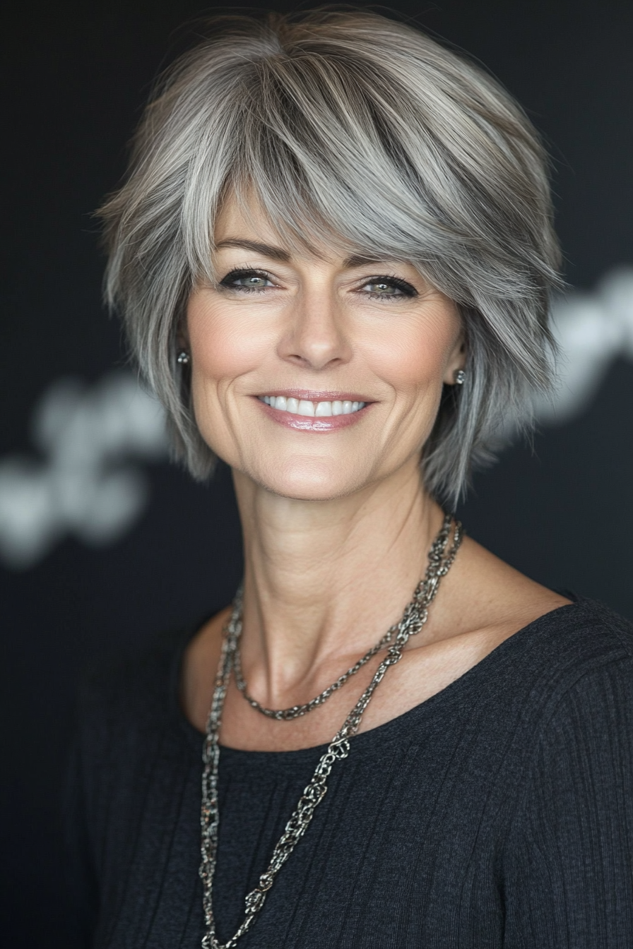 8. Layered Pixie with Side Bangs in Salt-and-Pepper Gray (Hairstyles For Women Over 50 With Bangs) - Hairstyles For Women Over 50 With Bangs