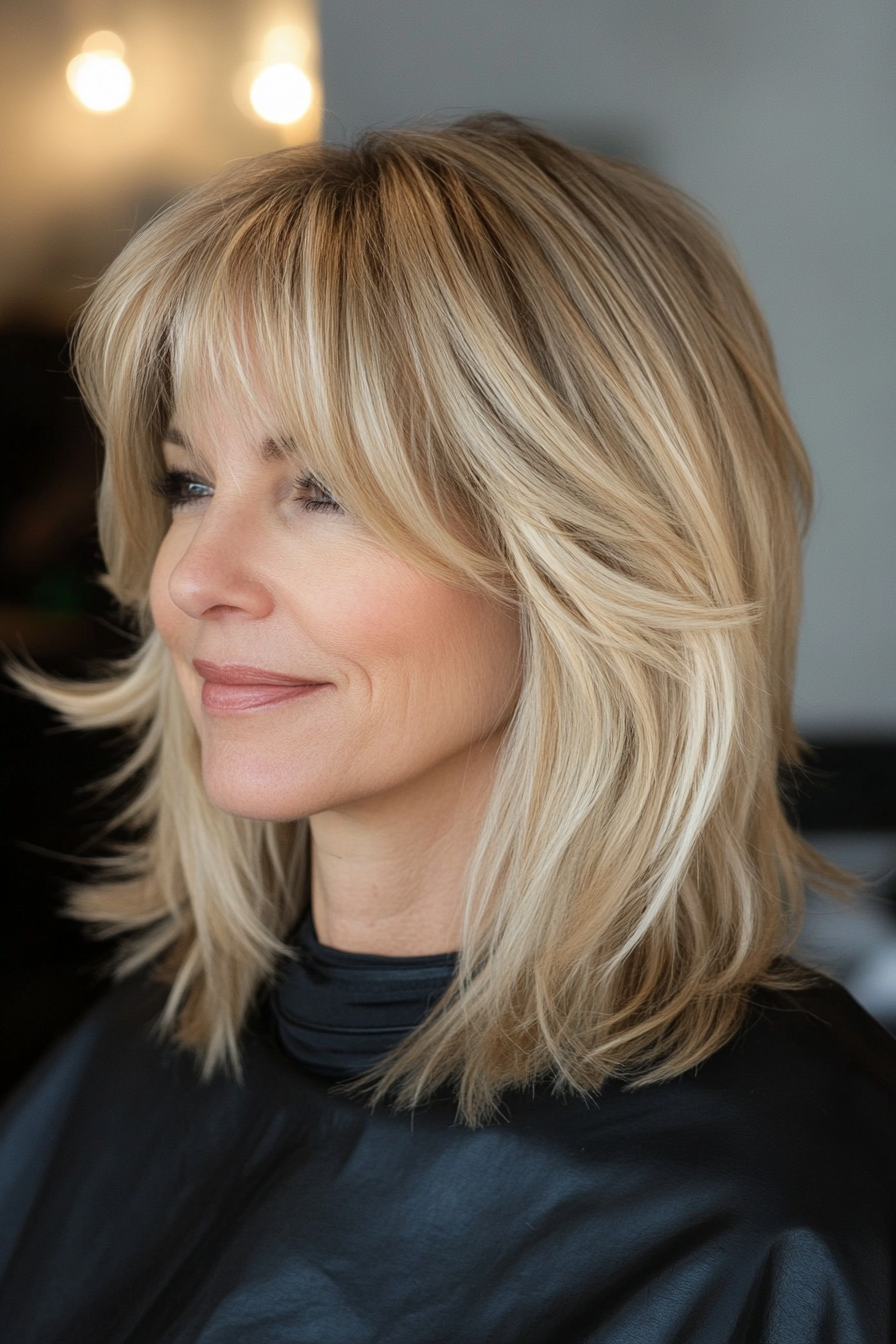 9. Mid-Length Choppy Layers with Sandy Blonde Accents (Hairstyles For Women Over 50 With Bangs) - Hairstyles For Women Over 50 With Bangs