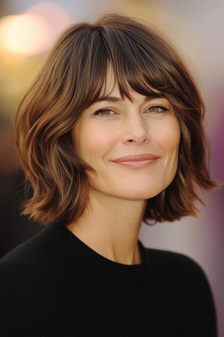 10. Classic Chin-Length Bob with Soft Bangs in Warm Mocha (Hairstyles For Women Over 50 With Bangs) - Hairstyles For Women Over 50 With Bangs
