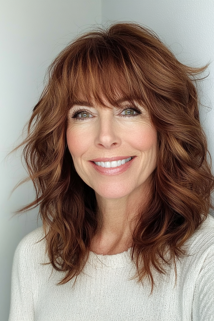 12. Shoulder-Grazing Cut with Tousled Bangs in Soft Mahogany (Hairstyles For Women Over 50 With Bangs) - Hairstyles For Women Over 50 With Bangs