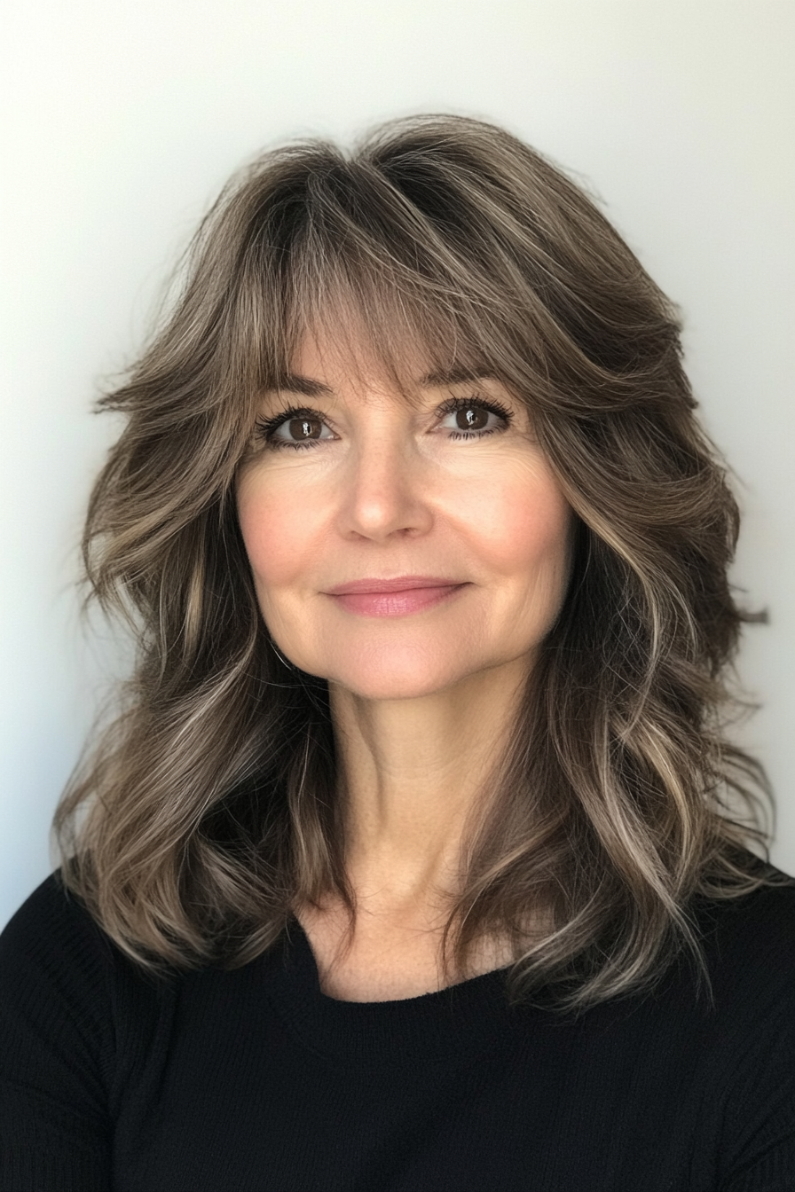 14. Collarbone-Length Soft Layers with Ash Brown Undertones (Hairstyles For Women Over 50 With Bangs) - Hairstyles For Women Over 50 With Bangs