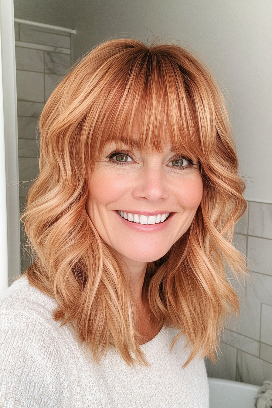 15. Tousled Lob with Light Copper Highlights (Hairstyles For Women Over 50 With Bangs) - Hairstyles For Women Over 50 With Bangs