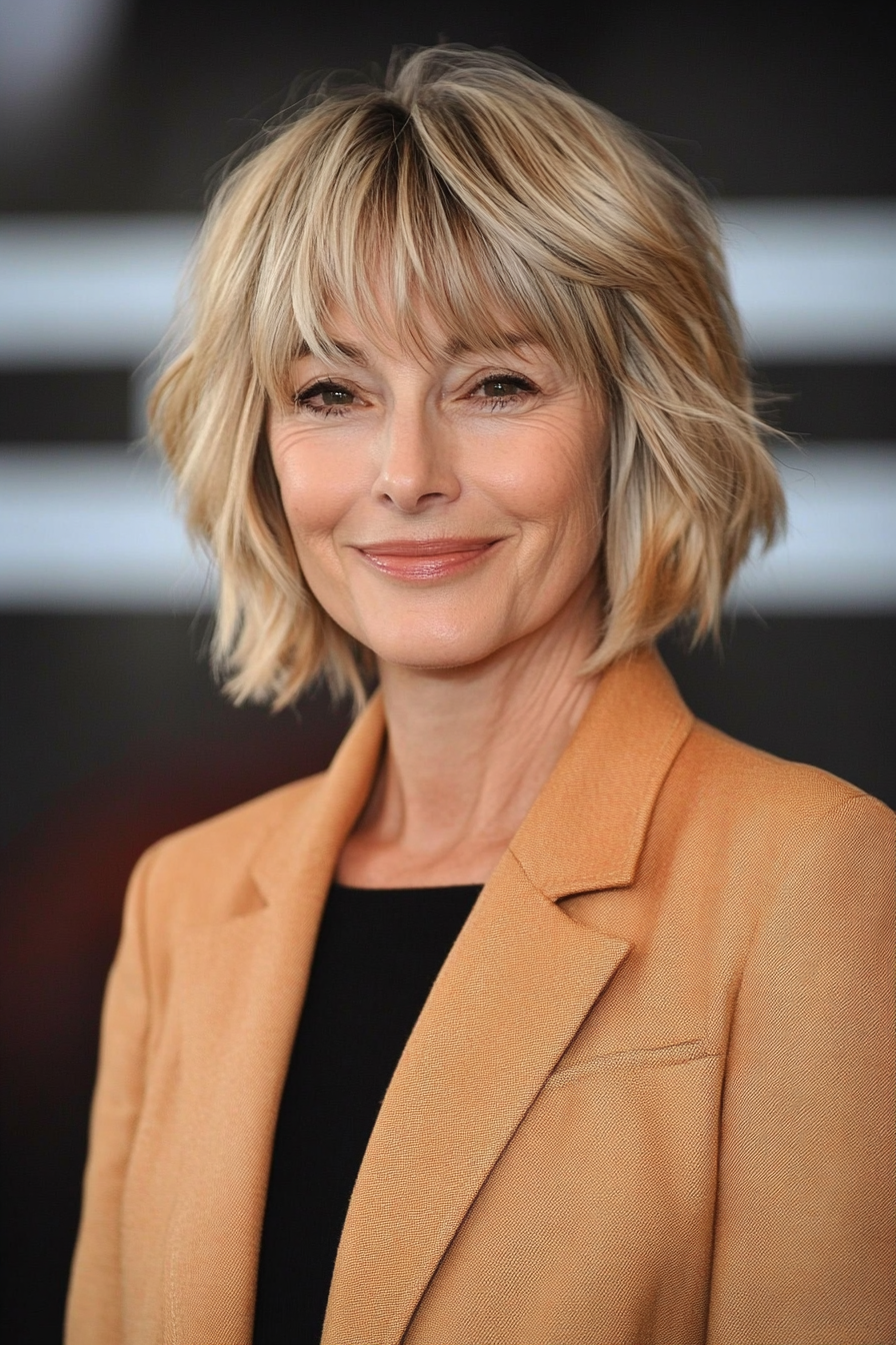 16. Tapered Pixie with Feathered Bangs in Warm Honey Blonde (Hairstyles For Women Over 50 With Bangs) - Hairstyles For Women Over 50 With Bangs