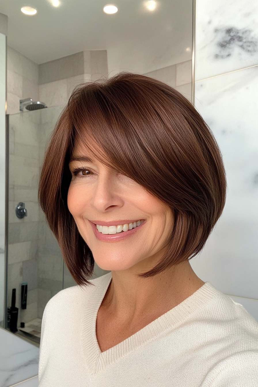 17. Side-Swept Bangs with a Sleek Bob in Deep Chestnut Brown (Hairstyles For Women Over 50 With Bangs) - Hairstyles For Women Over 50 With Bangs