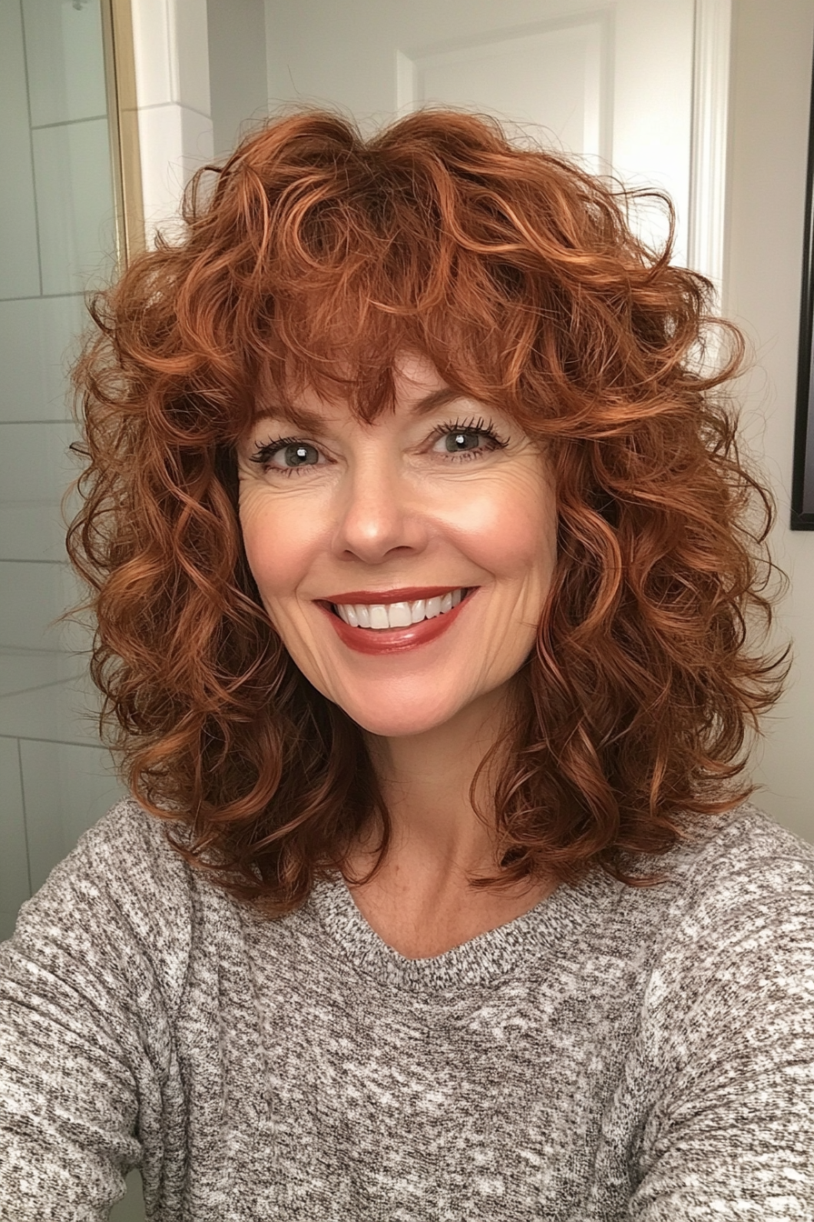 18. Curly Layered Shoulder Cut with Rich Auburn Tones (Hairstyles For Women Over 50 With Bangs) - Hairstyles For Women Over 50 With Bangs