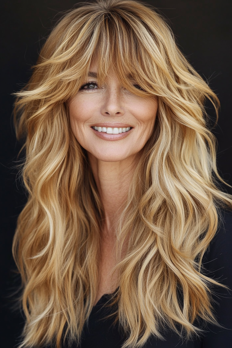 19. Soft Waves with Long Curtain Bangs in Sandy Blonde (Hairstyles For Women Over 50 With Bangs) - Hairstyles For Women Over 50 With Bangs