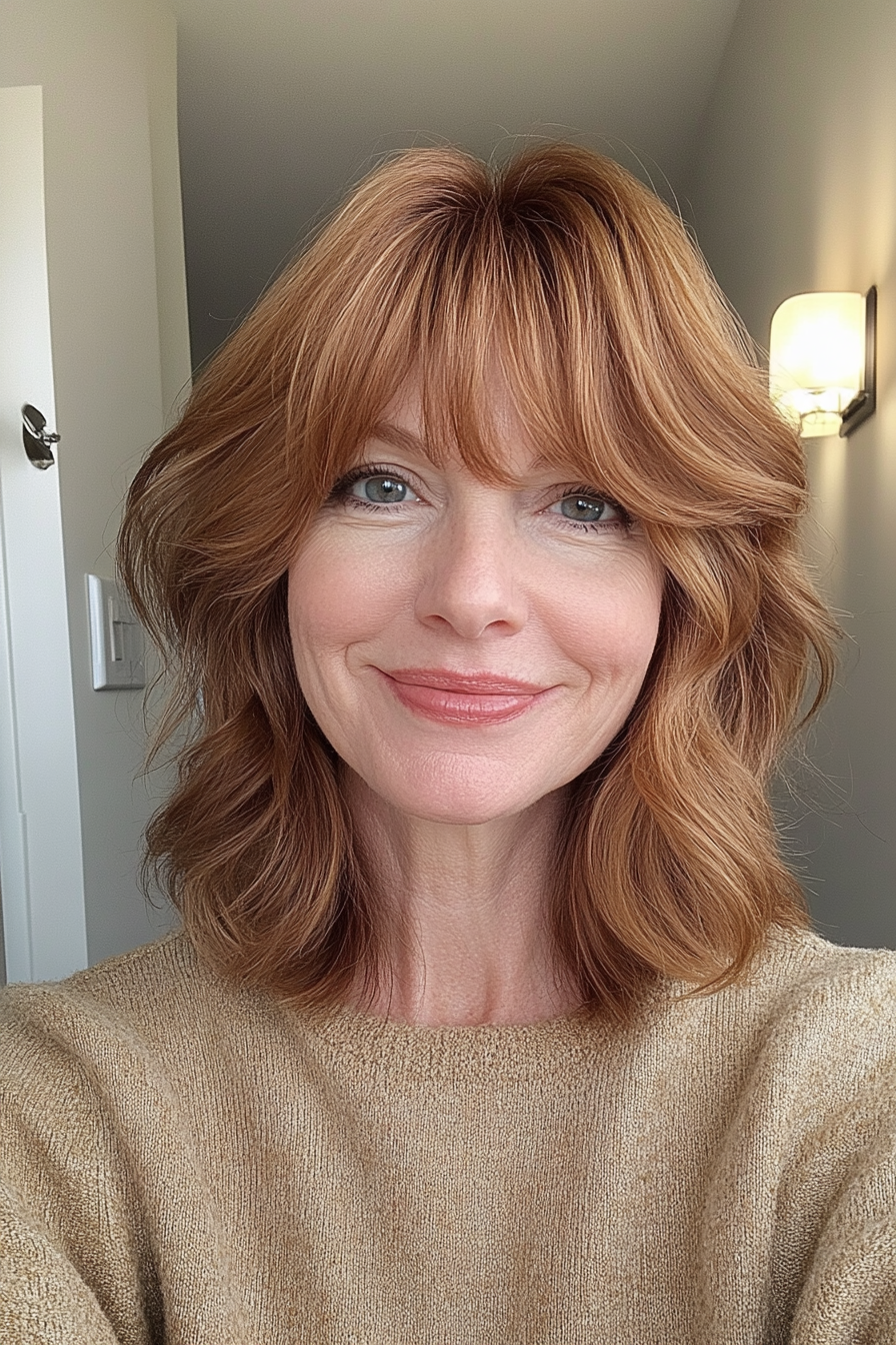 22. Textured Lob with Piecey Bangs in Golden Honey Brown (Hairstyles For Women Over 50 With Bangs) - Hairstyles For Women Over 50 With Bangs