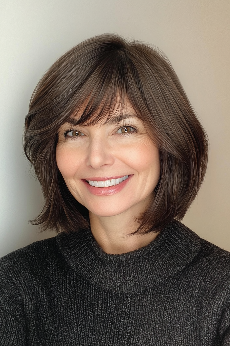 23. Classic French Bob with Baby Bangs in Deep Brunette (Hairstyles For Women Over 50 With Bangs) - Hairstyles For Women Over 50 With Bangs